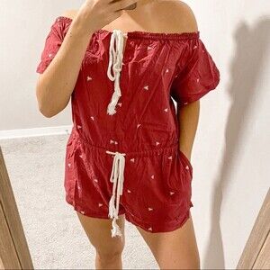 Free People Romper Red White Santorini Lounge Off Shoulder Boho Stretch Tie XS
